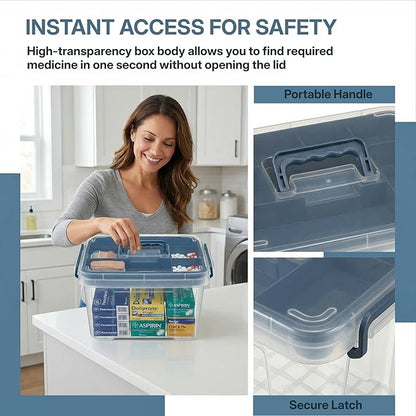 Pulseplay Clear Medicine Organizer Box with Handle Medicine Cabinet Organizer with Removable Tray First Aid Box Empty for Home Travel Outdoor (Blue)