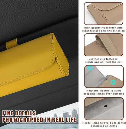 Augeny Sunglasses Holder for Car Sun Visor, Leather Auto Eyeglasses Storage Case with Hidden Magnetic Closure, Protective Glasses Organizer Box, Vehicle Visor Accessories for Woman Man (Yellow)