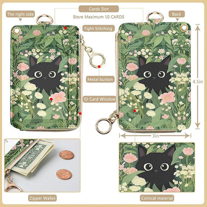 bolimoss Black Cat Lanyard Wallet with Id Badge Holder, Cute Flower Zippered Coin Pouch Credit Card Holder, Women Small Wallet with Removable Wristlet & Neck Lanyard, 5 Card Slots, Ring Keychain