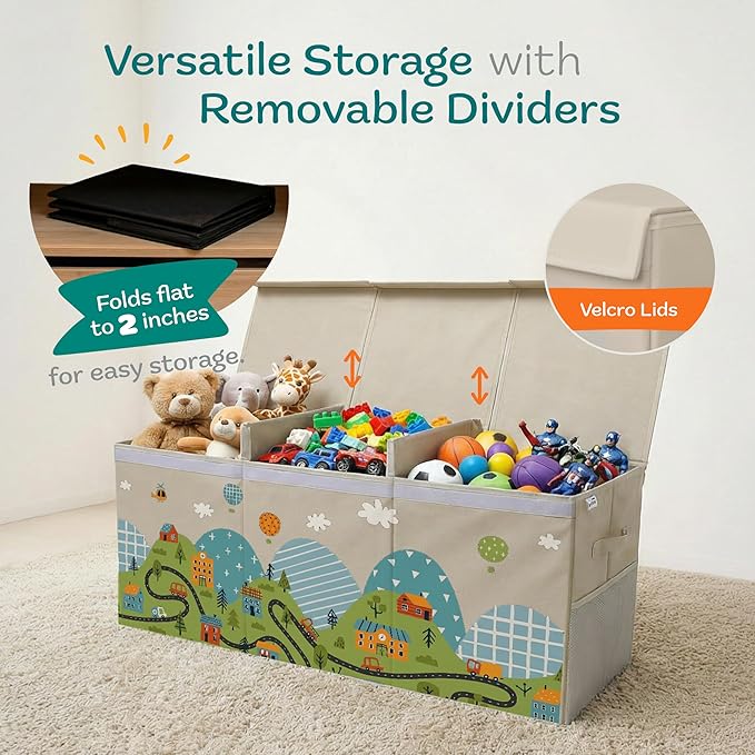 SoftOwl Extra Large Toy Storage Organizer with Lid - Sturdy, Collapsible Toy Chest Storage Box with Cute Design - Toys Bin with Dividers for Kids, Boys, Girls, Nursery, Bedroom, Play room 37"x16"x14"