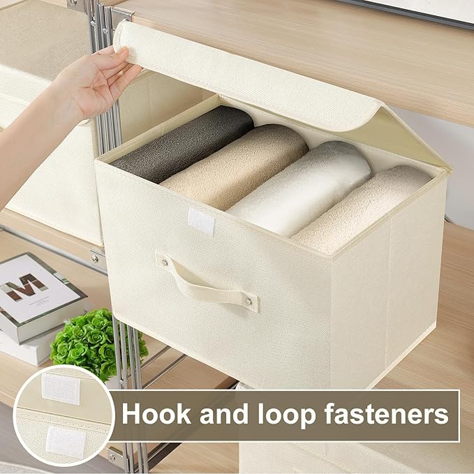 Fabric Storage Bins Cube Organizers with Flip-Top Lid and Handles,Storage Boxes for Organizing Home,Office,and Closet,Beige,3 Pack 13X9.1X7.9 in