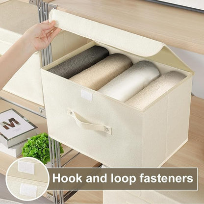 Fabric Storage Bins Cube Organizers with Flip-Top Lid and Handles,Storage Boxes for Organizing Home,Office,and Closet,Beige,3 Pack 10.2 X 7.9 X 6.7 in
