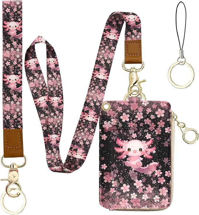 bolimoss Axolot ID Badge Holder & Lanyard Wallet 2-in-1Cute Sakura Womens Small Wallet with Removable Wristlet & Neck Lanyard, Clear Window, 5 Card Slots, Side Zipper Pocket, Ring Keychain