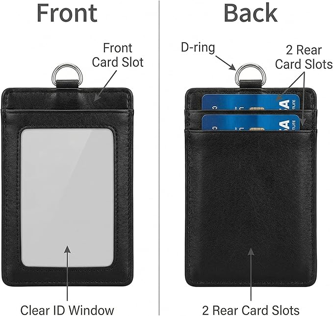 I-MART Genuine Leather Badge Holder with Lanyard – Vertical ID Badge Holder for Nurse, Office, Teacher | Cowhide, 3 Card Slots, Black, Gift Box