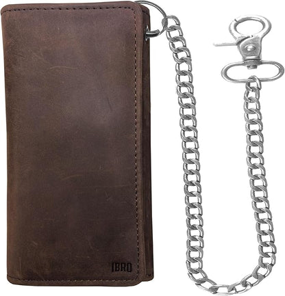IBRO VINTAGE Motorcycle Chain Wallet for Men – Premium Cowhide Leather, RFID Tri-Fold Biker Wallet with Heavy Duty Chain for Bikers Truckers & Hunters, Credit Card Money Organizer Long Wallet | Long Trifold, RFID Blocking, Men's, Trucker Biker