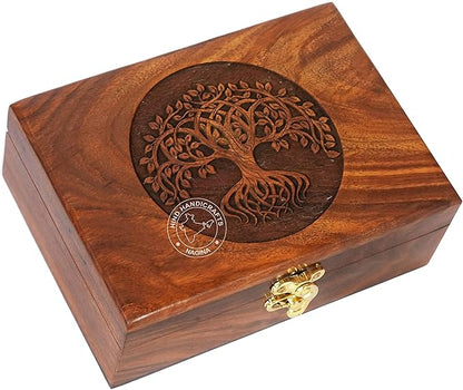 Rosewood Handmade Wooden Urn Tree of Life Engraving Handcarved Jewellery Box for Women-Men Jewel | Home Decor Accents | Decorative Boxes | Storage & Organiser (7" x 5.5" x 3.5", Tree - 12)