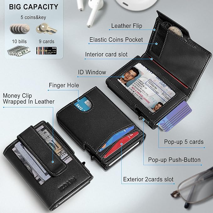 miyozi Wallet for Men, Magnetic Minimalist Slim Wallet with Pop Up Card Holder, 9 Cards RFID Blocking Metal Credit Card Case, Leather Wrapped Money Clip, ID Window & Small Item Slot, Gift Boxed