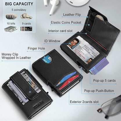 miyozi Wallet for Men, Magnetic Minimalist Slim Wallet with Pop Up Card Holder, 9 Cards RFID Blocking Metal Credit Card Case, Leather Wrapped Money Clip, ID Window & Small Item Slot, Gift Boxed