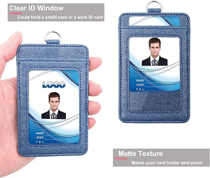 PU Leather ID Badge Holder, Life-Mate ID Badge Holder with 1 Clear ID Window 1 Credit Card Slot and PU Leather Lanyard for Badge Credit Cards College ID Cards in Glitter Blue