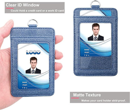 PU Leather ID Badge Holder, Life-Mate ID Badge Holder with 1 Clear ID Window 1 Credit Card Slot and PU Leather Lanyard for Badge Credit Cards College ID Cards in Glitter Blue