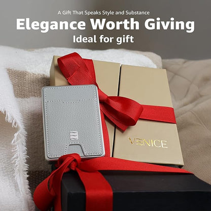 VENICE RFID Blocking Wallet, Minimalist Card Holder with Quick Access, Vegan Leather & Brushed Aluminum, Gift-Ready Packaging (Gray)