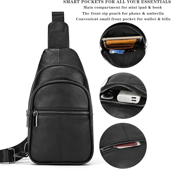 Genuine Leather Sling Bag Multi-pocket Chest Bag for Men Hiking Travel Daypack