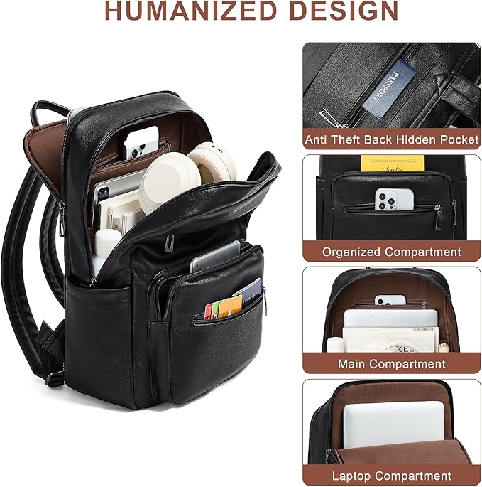 Leather Laptop Backpack for Women 15.6 Inch Laptop Travel Backpack Purse Casual Daypack with Laptop Compartment for College Work Nurse Business Weekender, Black