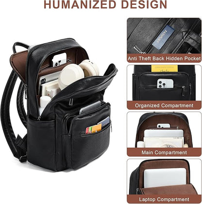 Leather Laptop Backpack for Women 15.6 Inch Laptop Travel Backpack Purse Casual Daypack with Laptop Compartment for College Work Nurse Business Weekender, Black