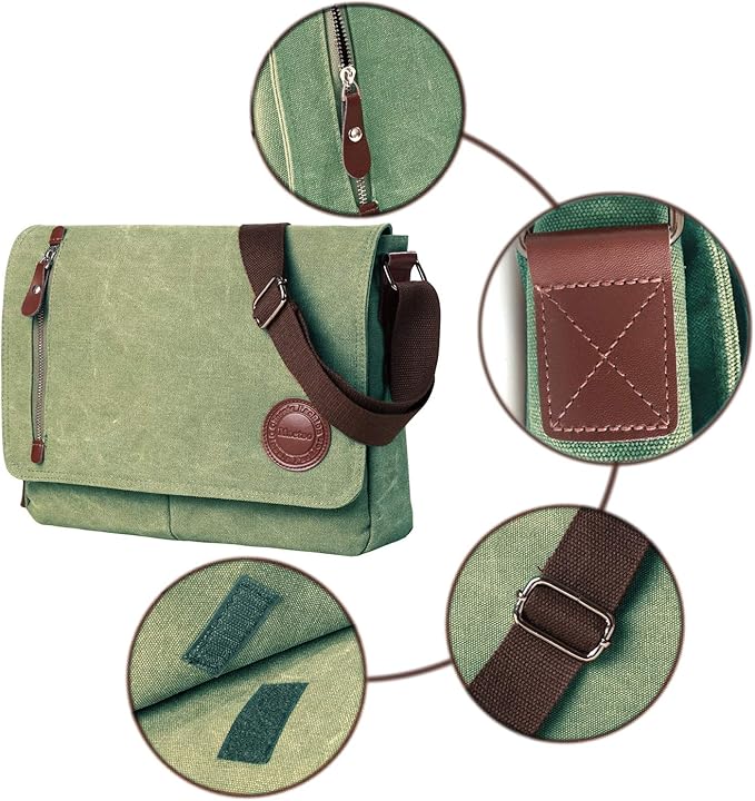 Mactso Vintage Canvas Messenger Bag for Men Women, 13.5 Inch Laptop Satchel Shoulder Bag with Multiple Pockets, Crossbody Bag for Work Travel College (Army green)
