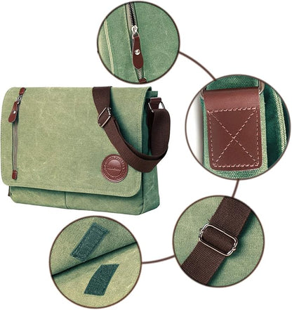 Mactso Vintage Canvas Messenger Bag for Men Women, 13.5 Inch Laptop Satchel Shoulder Bag with Multiple Pockets, Crossbody Bag for Work Travel College (Army green)