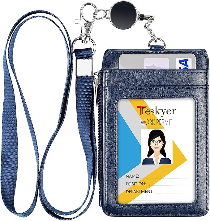 Teskyer Leather Badge Holder with Lanyard and Retractable Badge Reel, 4 Card Slots ID Card Holder with 1 Zipper Pocket for Office School Name Work IDs, Blue
