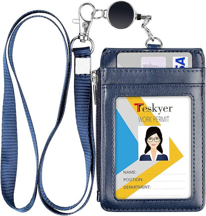 Teskyer Leather Badge Holder with Lanyard and Retractable Badge Reel, 4 Card Slots ID Card Holder with 1 Zipper Pocket for Office School Name Work IDs, Blue