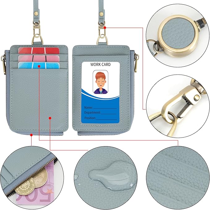 Wason Badge Holder Card Wallet Real Leather with Zipper, Detachable Neck Lanyard, Hand Strap, Retractable Badge Reel, Multi Purpose Case for ID Permit Badge Coin Key Driver's License (Light Blue)