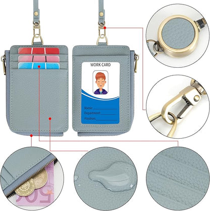 Wason Badge Holder Card Wallet Real Leather with Zipper, Detachable Neck Lanyard, Hand Strap, Retractable Badge Reel, Multi Purpose Case for ID Permit Badge Coin Key Driver's License (Light Blue)