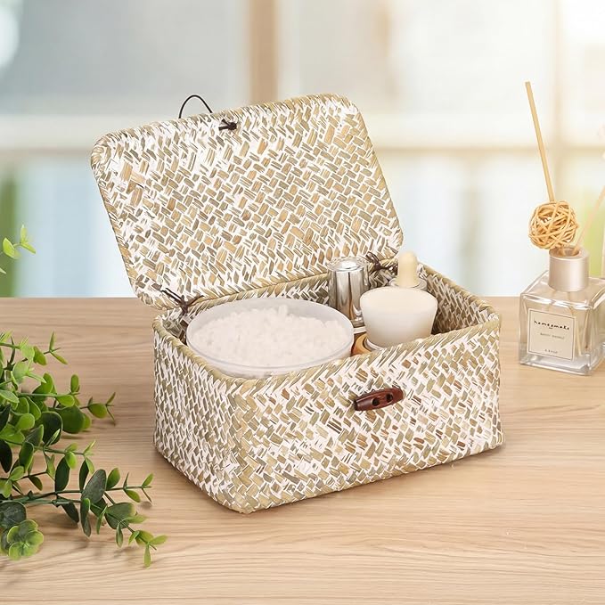 Hipiwe Mini Seagrass Basket with Lid Decorative Shelf Basket Box Multipurpose Desktop Organizer, Whitewash 7.0" x 4.3" x 3.3"