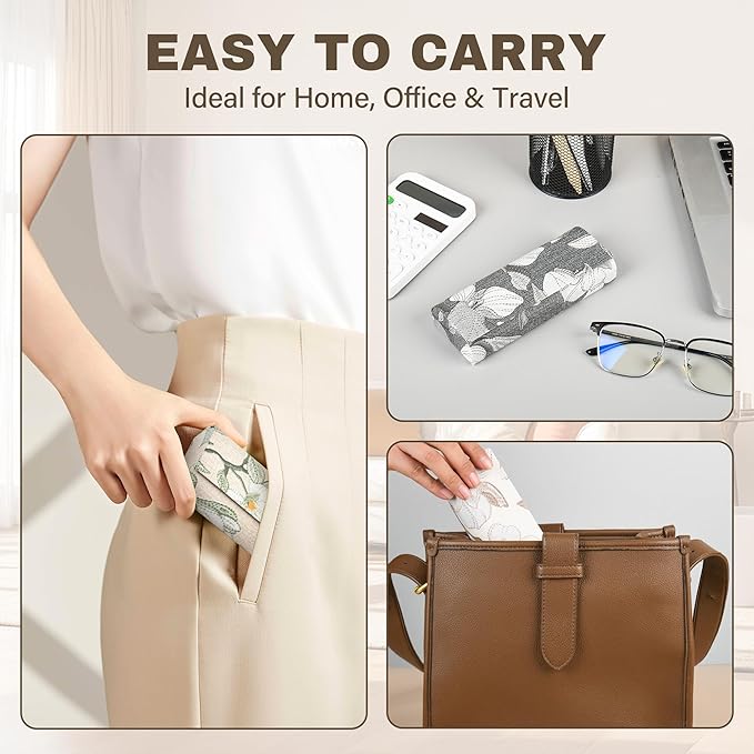PU Leather Hard Shell Glasses Case, Floral Design Metal Frame, Portable Eyeglass Cases with Cleaning Cloth