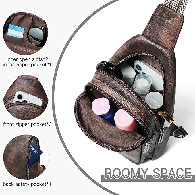 Leresas 7L Sling Bag for Women Men Vegan Leather Crossbody Bags Fanny Pack Purse Backpack Over Shoulder Bag Travel Anti Theft