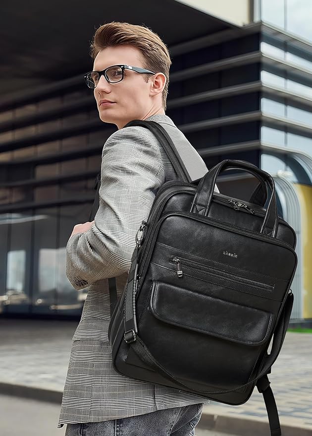 Shrrie Laptop Backpack for Women and Men, 15.6 Inch Vegan Leather Computer Backpack Professional Water-Resistant Casual Daypack for Work Business College Travel Office,Two-toned Black