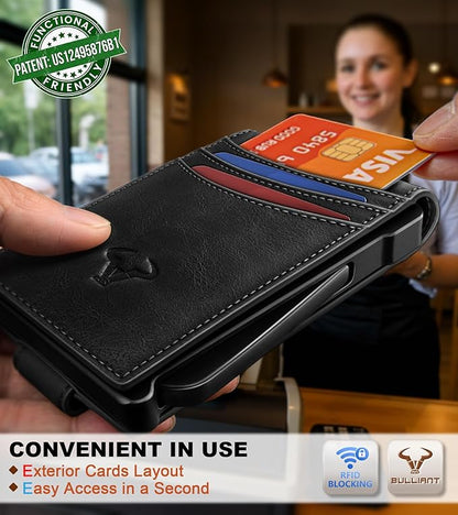 BULLIANT Men Wallet,Metal Case Money Clip with Grain Leather Flip 11 Cards-Pop-up Access Magetic Closure
