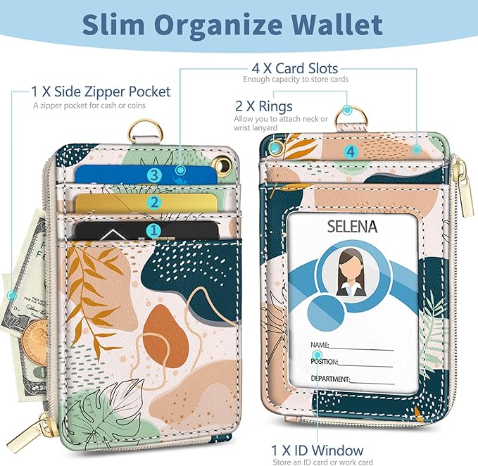 Lanyard Wallet with Id Badge Holder, Boho RFID Small Keychain Wallet Women Wristlet, Cute Zipper Credit Card Holder Phone Wrist Neck Strap for Key Name Tag, Teacher Student Office Gifts