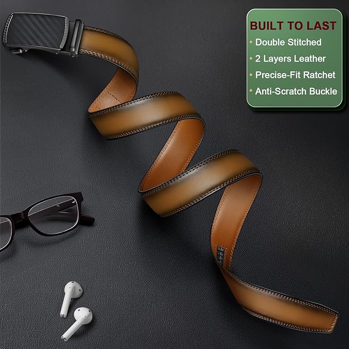 KEMISANT Men Belt Ratchet Click Belt Genuine Leather Adjustable For Men Golf Dress Casual Jeans 1 3/8-Cut For Fit