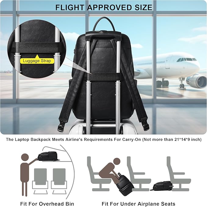 Vegan Leather Backpack for Women and Men, Fits 16.0 Inch Laptop, Multi-Pocket Design with Water Bottle and Luggage Strap, Ideal for Work, Travel, and Daily Use, Black
