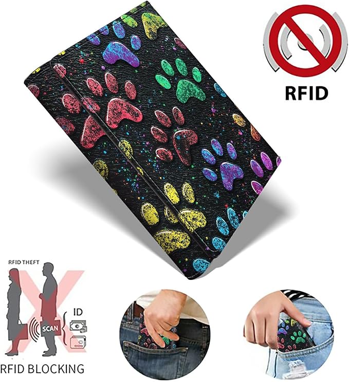 Minimalist Wallet for Men's Card Holders, Pop-Up Card Case Wallets for Women, Leather Automatic Credit Card Holder with Metal Money Clip RFID Blocking Bifold Pocket, Dog Paw Print Timber