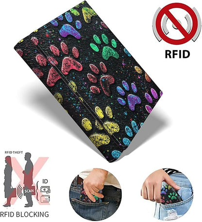 Minimalist Wallet for Men's Card Holders, Pop-Up Card Case Wallets for Women, Leather Automatic Credit Card Holder with Metal Money Clip RFID Blocking Bifold Pocket, Dog Paw Print Timber