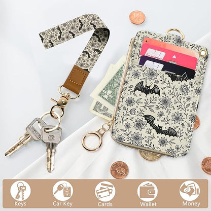 bolimoss Bat Lanyard Wallet Badge Holder PU Leather RFID Keychain Wallet with Breakaway Neck Wristlet Lanyard Zipper Pocket, Slim Credit Card Holder with Key Ring Phone Holder for Teacher Nurse Women