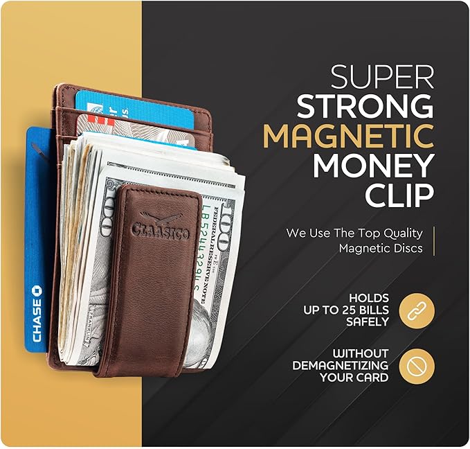 Claasico Men’s Leather Money Clip Wallet – Slim Front Pocket Wallet w/Super Strong Magnetic Clip, RFID Blocking, 5 Card Slots & Center Pocket + ID Window
