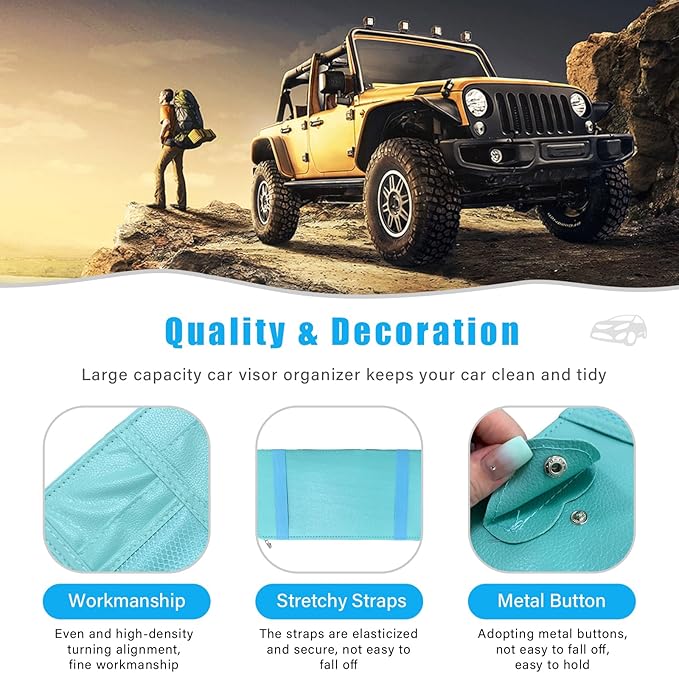 Augeny Car Sun Visor Organizer, Leather Personal Belonging Storage Pouch with Zipper, Car Visor Storage Pouch Sunglasses Holder, Auto Interior Accessories Pocket Organizers (Blue)