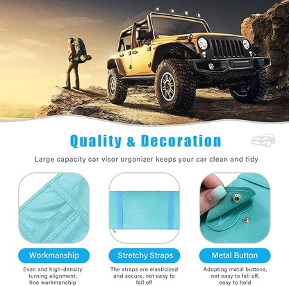 Augeny Car Sun Visor Organizer, Leather Personal Belonging Storage Pouch with Zipper, Car Visor Storage Pouch Sunglasses Holder, Auto Interior Accessories Pocket Organizers (Blue)
