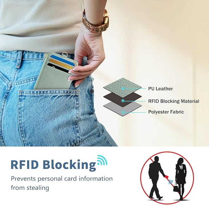 Lanyard Wallet with Id Badge Holder, Sage Green RFID Small Keychain Wallet Women Wristlet, Minimalist Zipper Credit Card Holder Phone Wrist Neck Strap for Key Name Tag, Teacher Office Gift