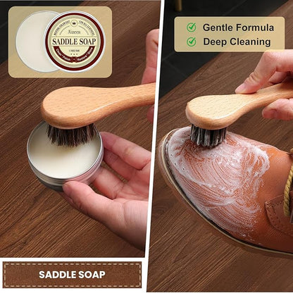 Nuroon 10Pcs Leather Care Kit- 3Pcs Horsehair Brushes, 1.76oz Saddle Soap, 1.76oz Mink Oil and Wax Waterproofer