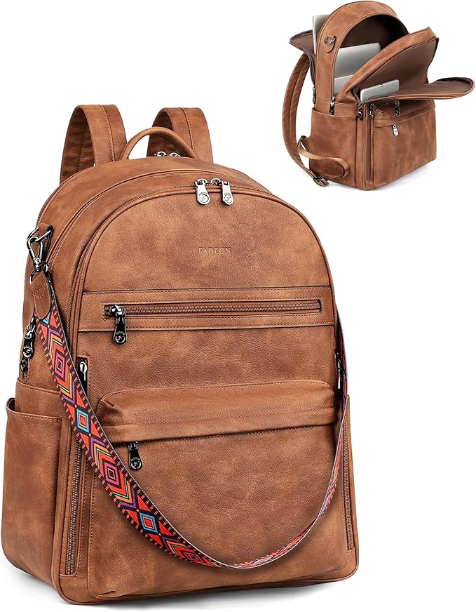 FADEON 15.6 inch Laptop Backpack Purse for Women Designer PU Leather Computer Backpacks Fashion for Work Travel Brown
