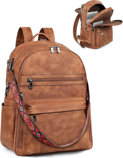 FADEON 15.6 inch Laptop Backpack Purse for Women Designer PU Leather Computer Backpacks Fashion for Work Travel Brown