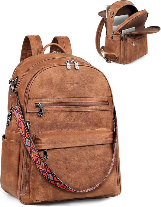 FADEON 15.6 inch Laptop Backpack Purse for Women Designer PU Leather Computer Backpacks Fashion for Work Travel Brown