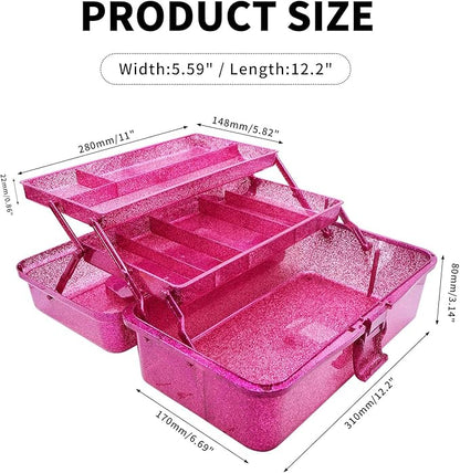 Saim Small Parts Organizer, 3-Layer Storage Box with Fixed Compartments, Ready-to-Use Portable Makeup & Hair Accessories Case, Craft Organizer for Girls Teens College Dorm - Hot Pink