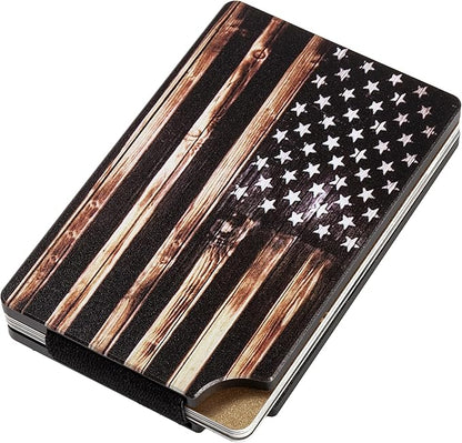 Slim Wallet for Men,RFID Blocking Minimalist Metal Wallet, Money Clip/Cash Holder, Front Pocket Aluminum Credit Card Holder, Ideal Gift for Men,Wood-American USA Flag