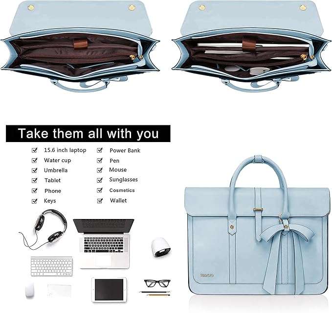 MOSISO Laptop Bag for Women, 15-15.6 inch PU Leather Laptop Shoulder Bags Convertible Backpack, 16 inch Messenger Bags Casual Handbag Work Briefcase Travel Computer Bag with Bowknot, Air Blue