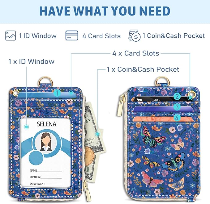 Flowers Butterfly Lanyard Wallet with ID Badge Holder, Small RFID Wallet Women Keychain Wristlet, Slim Credit Card Holder Case with Zipper Pocket Phone Lanyard Wrist Strap Name Tag Office Teacher Gift