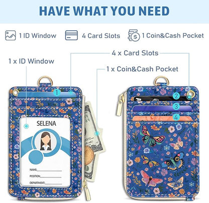 Flowers Butterfly Lanyard Wallet with ID Badge Holder, Small RFID Wallet Women Keychain Wristlet, Slim Credit Card Holder Case with Zipper Pocket Phone Lanyard Wrist Strap Name Tag Office Teacher Gift