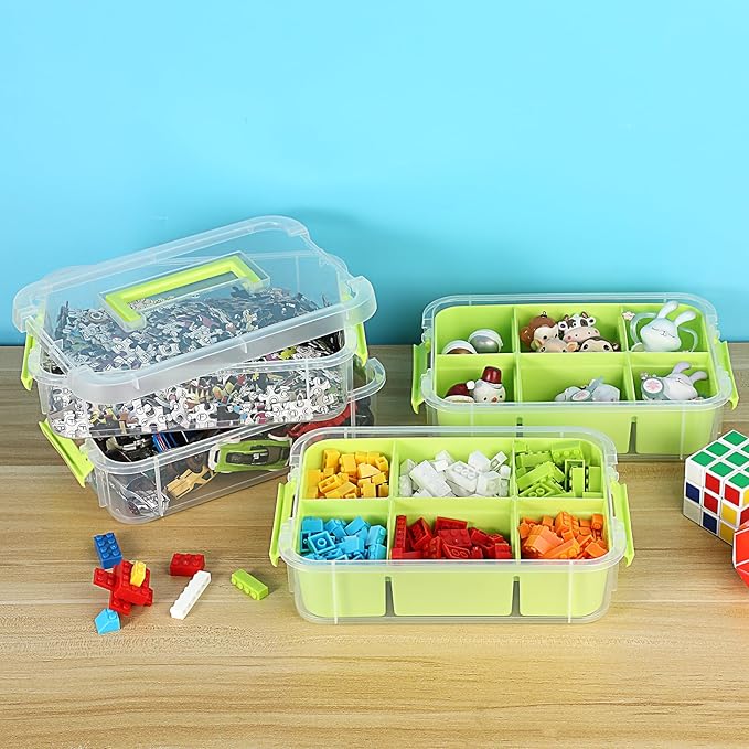 JUXYES 4-Tiers Stack Carry Storage Box With 2 Divided Tray, Transparent Stackable Storage Bin With Handle Lid Latching Storage Container for School & Office Supplies, Green
