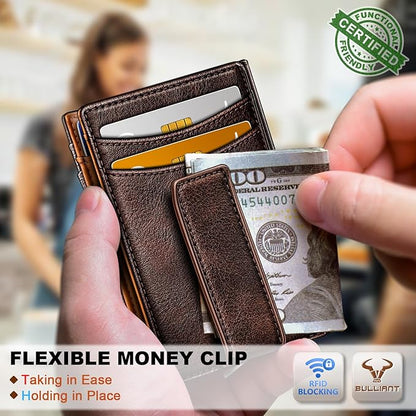 BULLIANT Magnetic Closure Slim Wallet-Genuine Leather Front Pocket Wallet for Men,RFID Blocking,Holds 12 Cards and Money Clip